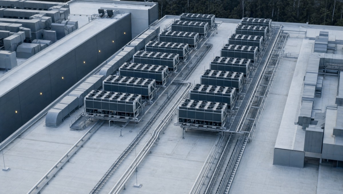 Aerial view of ranks of air-cooled chiller units on a flat data center roof.
