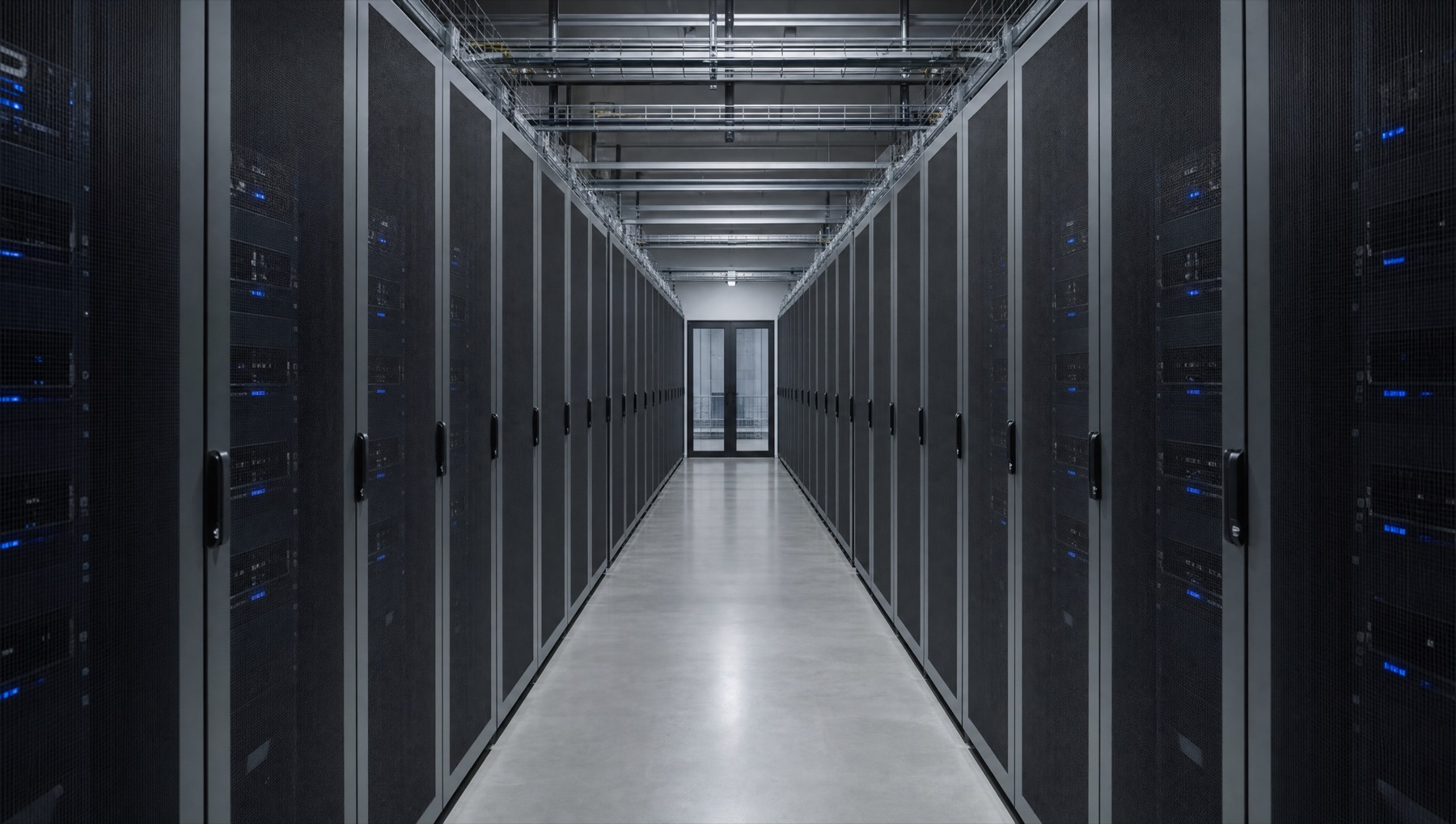 A corridor between rows of server cabinets in a modern data hall.