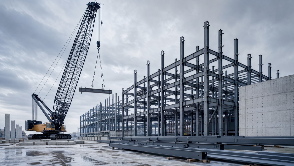 A large steel structural frame being assembled by crawler crane against an overcast sky.