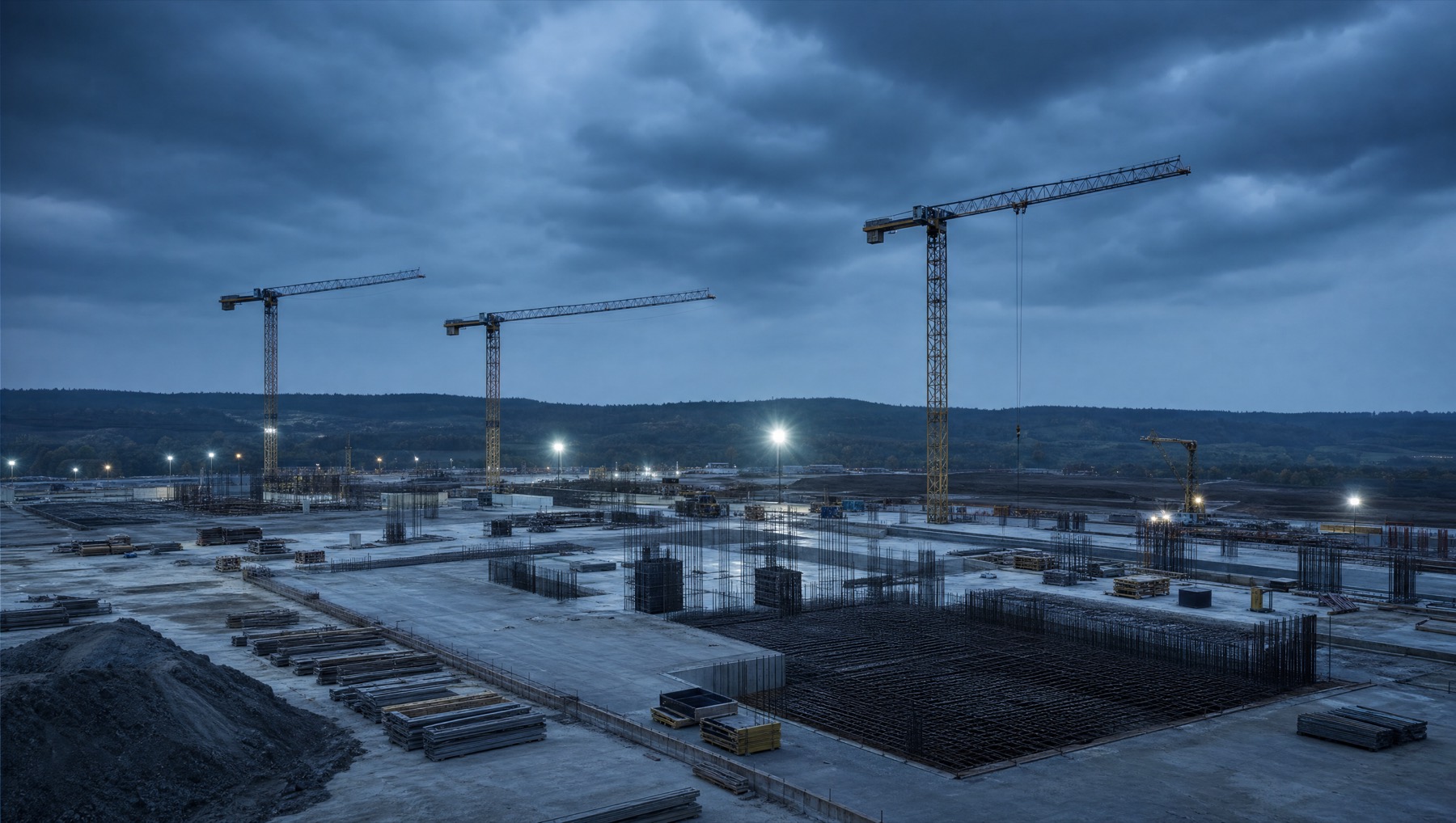 An early-stage infrastructure construction site with tower cranes at blue hour.