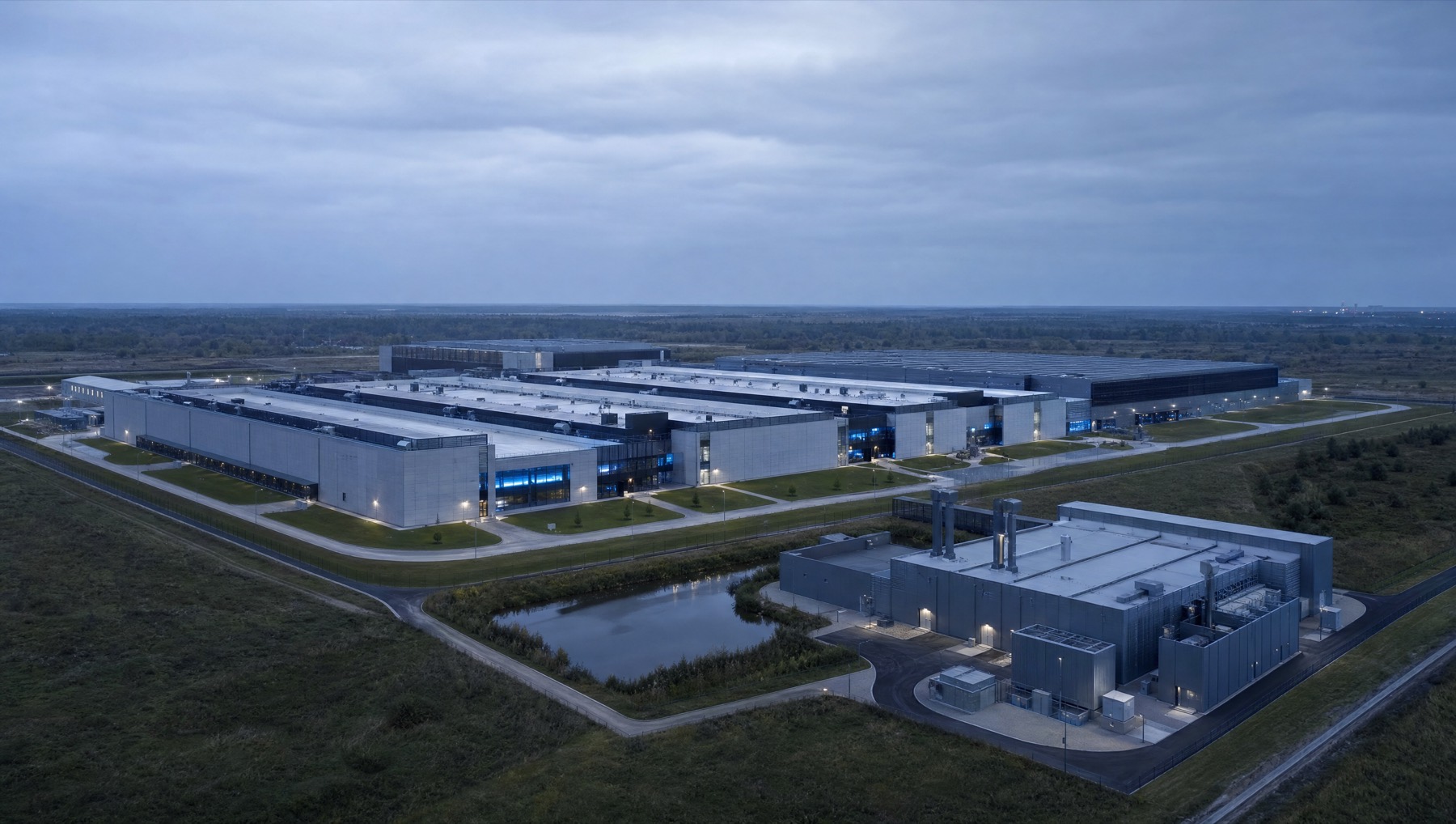 A hyperscale data center campus at dusk with a separate low-profile power block on the same site.