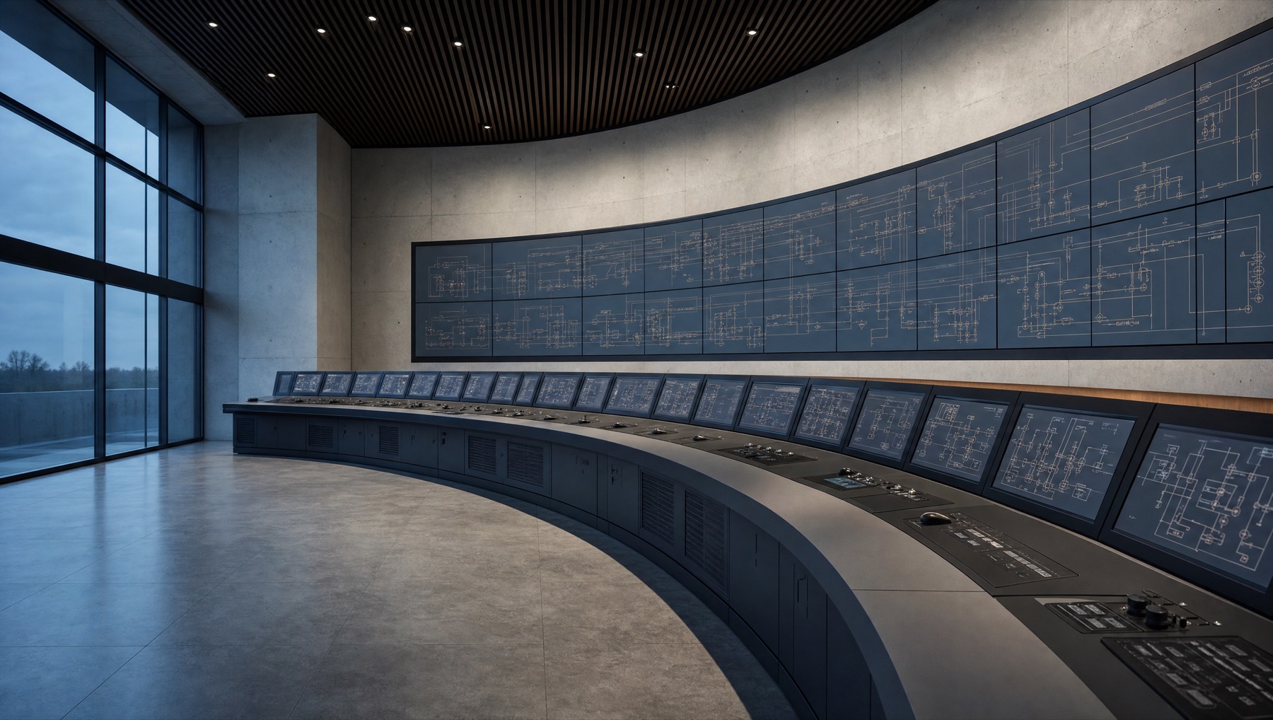 An empty modern industrial control room with a curved console and schematic displays.