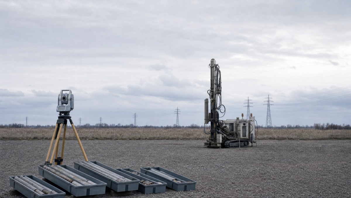 A surveying instrument on a tripod and core sample boxes on open ground during a site survey.