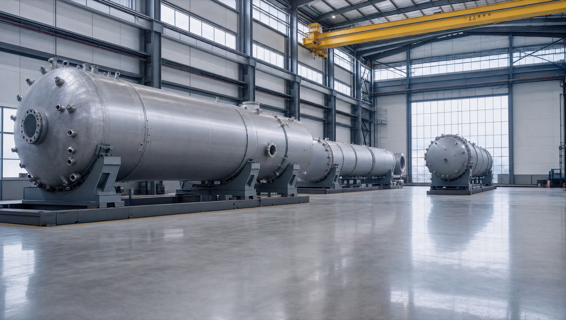 Large cylindrical steel modules resting on transport cradles inside a manufacturing hall.